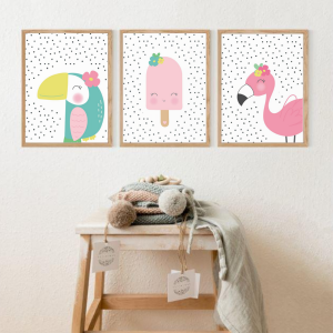 Set Of 3 - Toucan Pop Flamingo Wall Art Prints
