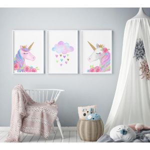 Set Of 3 Wall Art Prints - Watercolour Unicorn & Cloud & Swan